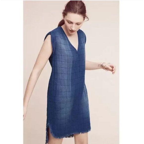 Cloth & Stone Chambray Tunic Dress Frayed Hem‎ Quilted Check Pockets Size Medium - Picture 1 of 7